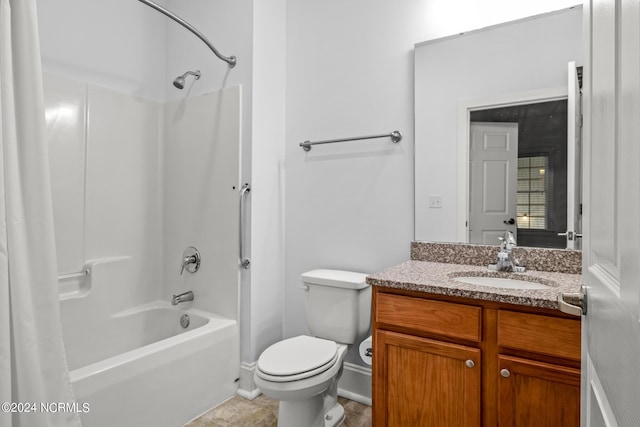 full bathroom featuring tile patterned floors, shower / bath combination, toilet, and vanity