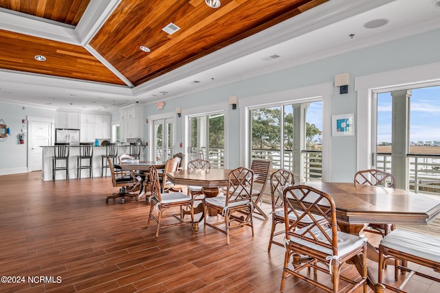 dining area featuring crown molding, a raised ceiling, and wood ceiling