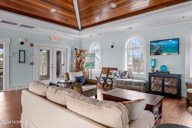 living room featuring crown molding, hardwood / wood-style floors, wooden ceiling, and french doors