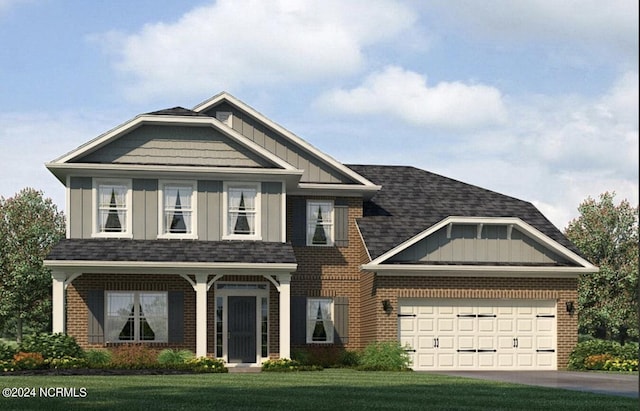 craftsman house featuring aphalt driveway, board and batten siding, a front yard, and brick siding