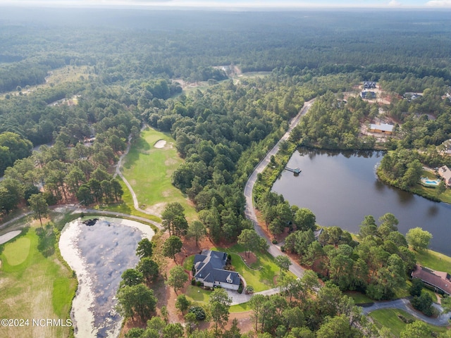 bird's eye view with a water view and a forest view