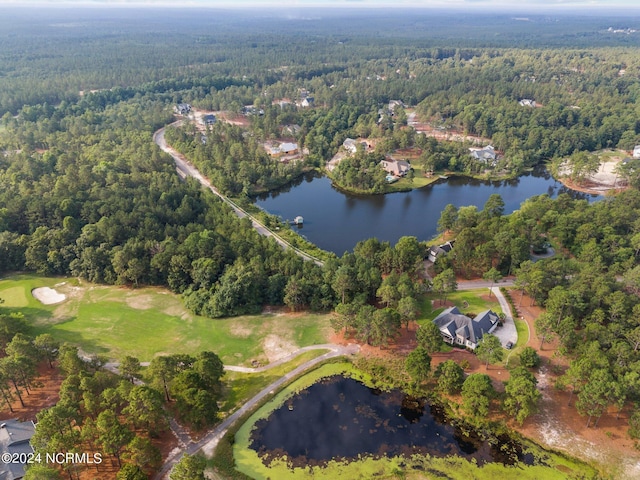 aerial view featuring a water view and a view of trees