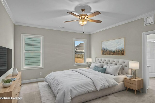 empty room with light carpet, ceiling fan, and ornamental molding