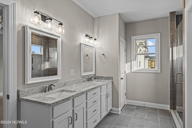 bathroom featuring tile patterned floors, vanity, and walk in shower