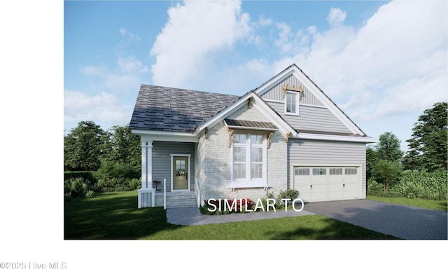 view of front facade with a front lawn, aphalt driveway, board and batten siding, and brick siding