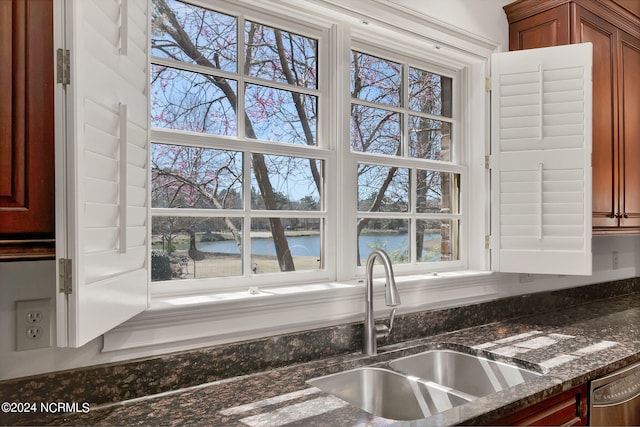 details featuring a water view, sink, and stainless steel dishwasher