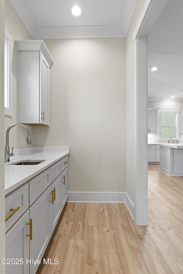 kitchen with sink, light hardwood / wood-style floors, and ornamental molding