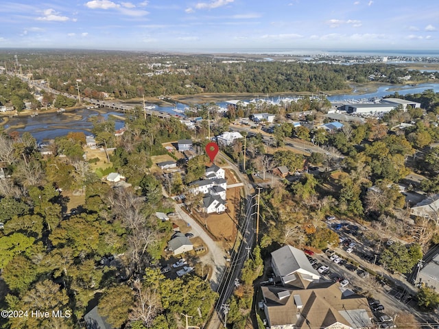 drone / aerial view featuring a water view