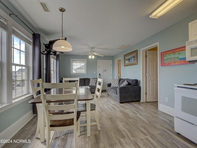 dining space with light hardwood / wood-style flooring and ceiling fan