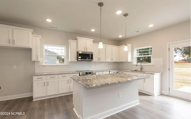 1225 Mandevilla Dr SE, Bolivia, NC 28422 - kitchen featuring stainless steel appliances, a sink, wood finished floors, white cabinets, and recessed lighting