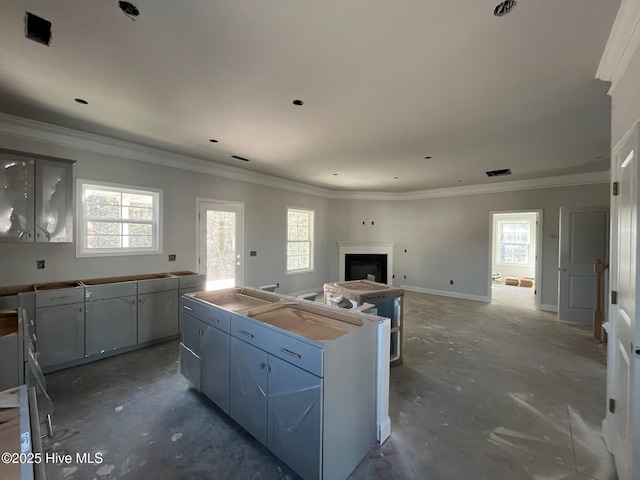 1225 Mandevilla Dr SE, Bolivia, NC 28422 - kitchen with concrete floors, plenty of natural light, a fireplace, a center island, and crown molding
