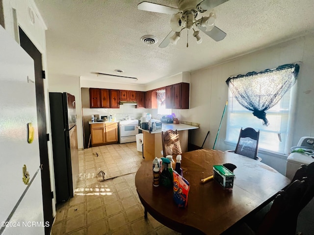 dining room with ceiling fan and a textured ceiling