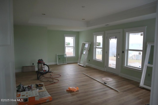 doorway to outside featuring a raised ceiling, baseboards, and wood finished floors