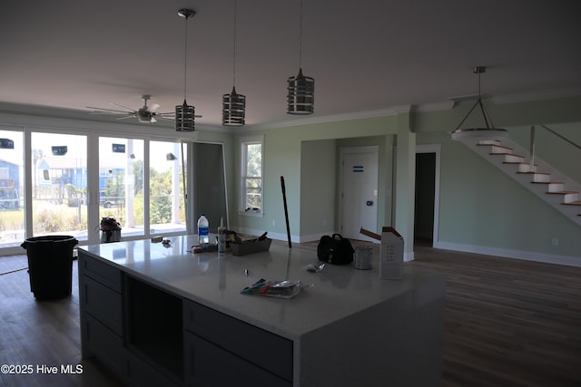 kitchen featuring open floor plan, wood finished floors, and crown molding