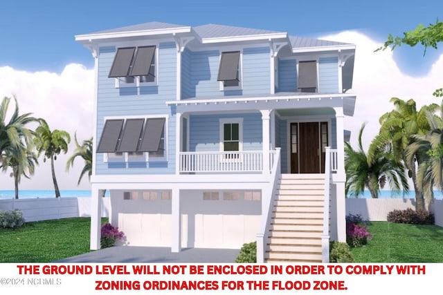 view of front of property with a front lawn, fence, stairs, and a garage