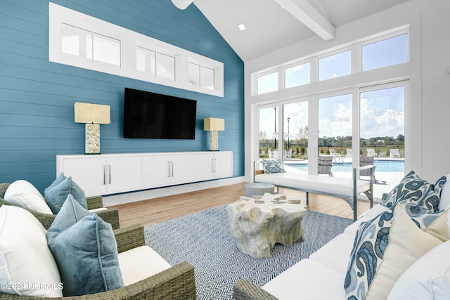 living room with wood walls, beamed ceiling, high vaulted ceiling, and hardwood / wood-style flooring