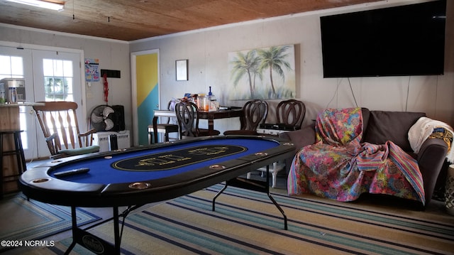 playroom with ornamental molding and wood ceiling