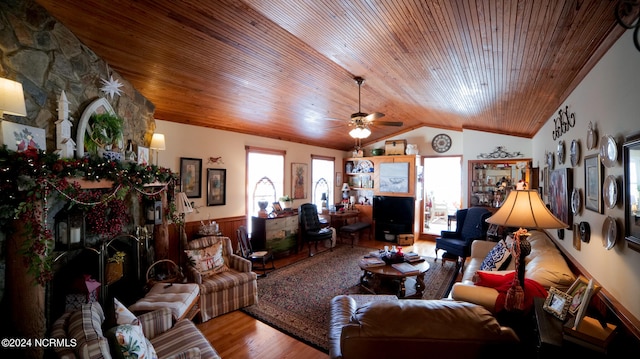 living room with ceiling fan, lofted ceiling, wood ceiling, and light hardwood / wood-style floors