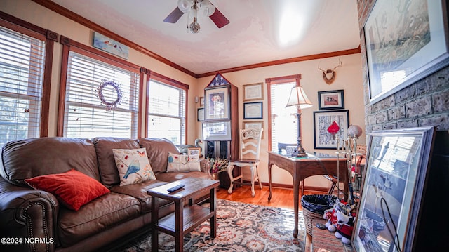 living room featuring light hardwood / wood-style floors, ceiling fan, and ornamental molding