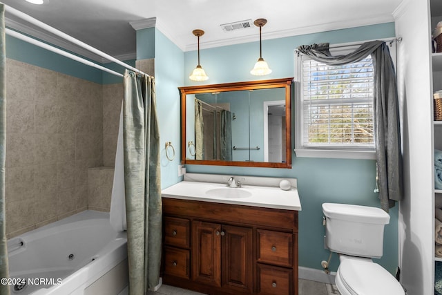 full bathroom with vanity, shower / tub combo with curtain, toilet, and ornamental molding