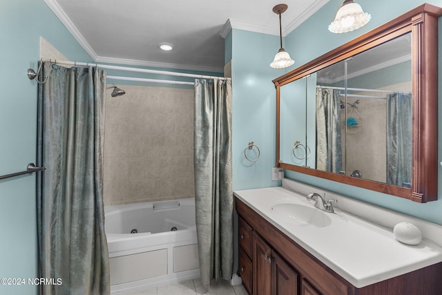 bathroom featuring tile floors, shower / bathtub combination with curtain, vanity, and crown molding