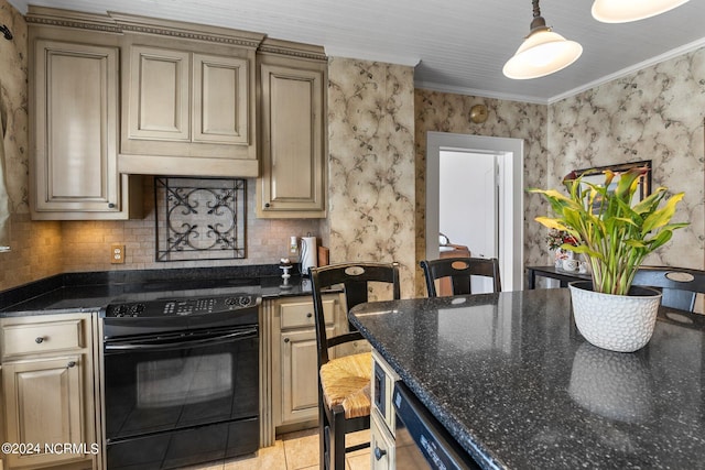 kitchen with pendant lighting, dark stone counters, tasteful backsplash, ornamental molding, and range