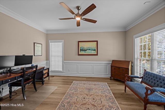 4441 Lagan Cir, Winterville, NC 28590 - home office featuring a ceiling fan, crown molding, wainscoting, and light wood finished floors