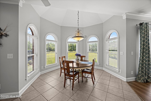 4441 Lagan Cir, Winterville, NC 28590 - tiled dining space with vaulted ceiling, baseboards, ornamental molding, and a ceiling fan
