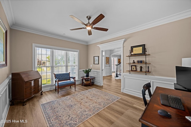 4441 Lagan Cir, Winterville, NC 28590 - office with a ceiling fan, arched walkways, crown molding, light wood-style floors, and a wainscoted wall