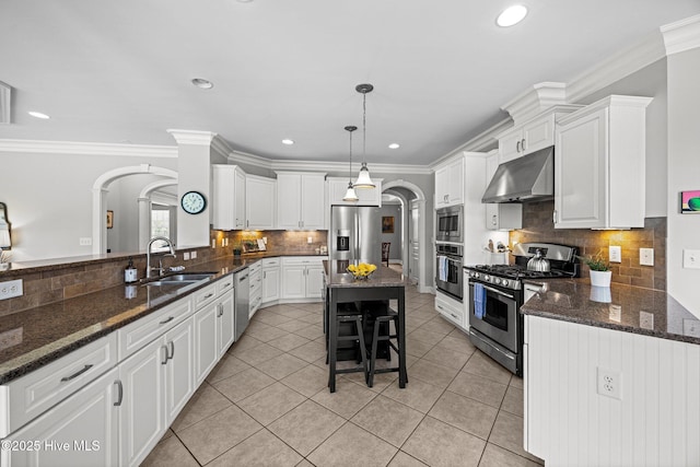 4441 Lagan Cir, Winterville, NC 28590 - kitchen featuring stainless steel appliances, under cabinet range hood, a sink, arched walkways, and decorative backsplash