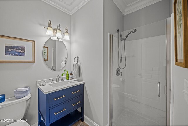 4441 Lagan Cir, Winterville, NC 28590 - bathroom with toilet, a stall shower, ornamental molding, and vanity