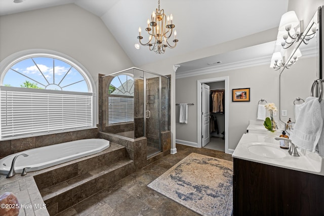 4441 Lagan Cir, Winterville, NC 28590 - full bath with double vanity, a garden tub, a shower stall, stone tile floors, and a chandelier