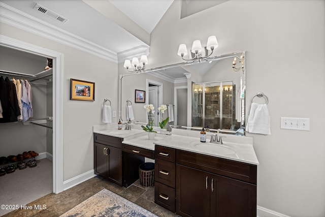 4441 Lagan Cir, Winterville, NC 28590 - full bath featuring a chandelier, a shower stall, baseboards, double vanity, and a walk in closet