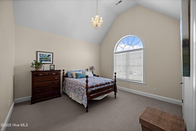 4441 Lagan Cir, Winterville, NC 28590 - carpeted bedroom featuring lofted ceiling, baseboards, and a chandelier