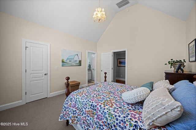 4441 Lagan Cir, Winterville, NC 28590 - carpeted bedroom featuring high vaulted ceiling, baseboards, a chandelier, and ensuite bathroom