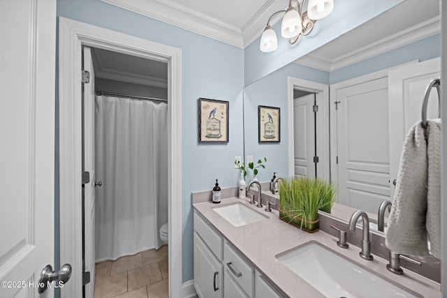 4441 Lagan Cir, Winterville, NC 28590 - full bath with double vanity, toilet, crown molding, tile patterned flooring, and a shower with curtain