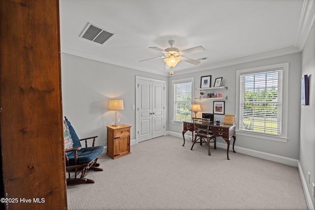 4441 Lagan Cir, Winterville, NC 28590 - carpeted office space with healthy amount of natural light, baseboards, a ceiling fan, and crown molding
