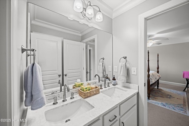 4441 Lagan Cir, Winterville, NC 28590 - bathroom with double vanity, ornamental molding, connected bathroom, and a ceiling fan