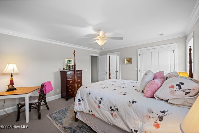 4441 Lagan Cir, Winterville, NC 28590 - bedroom featuring carpet, a closet, ornamental molding, baseboards, and a ceiling fan