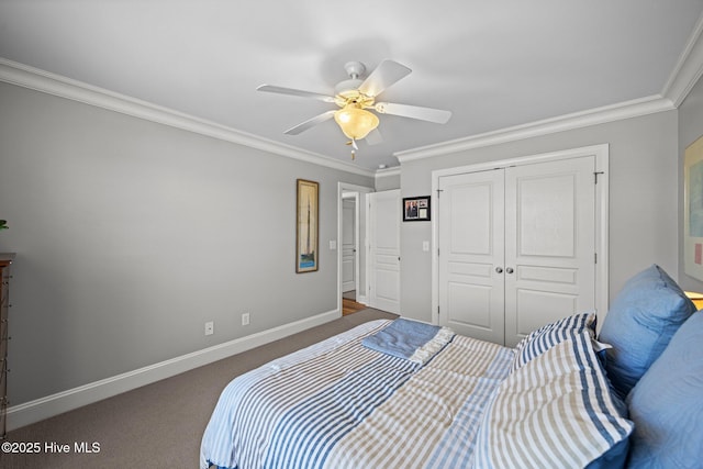 4441 Lagan Cir, Winterville, NC 28590 - carpeted bedroom featuring baseboards, ornamental molding, a closet, and ceiling fan