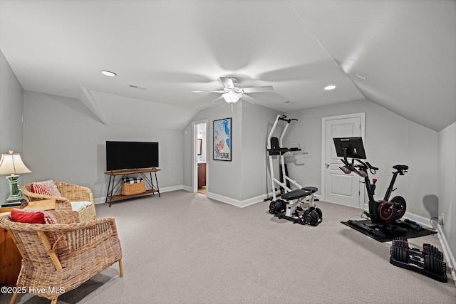4441 Lagan Cir, Winterville, NC 28590 - exercise area featuring ceiling fan, vaulted ceiling, light carpet, baseboards, and recessed lighting