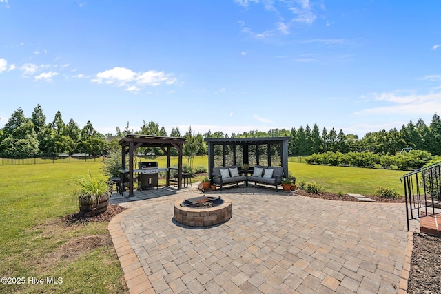 4441 Lagan Cir, Winterville, NC 28590 - view of patio / terrace with an outdoor living space with a fire pit, a pergola, and area for grilling