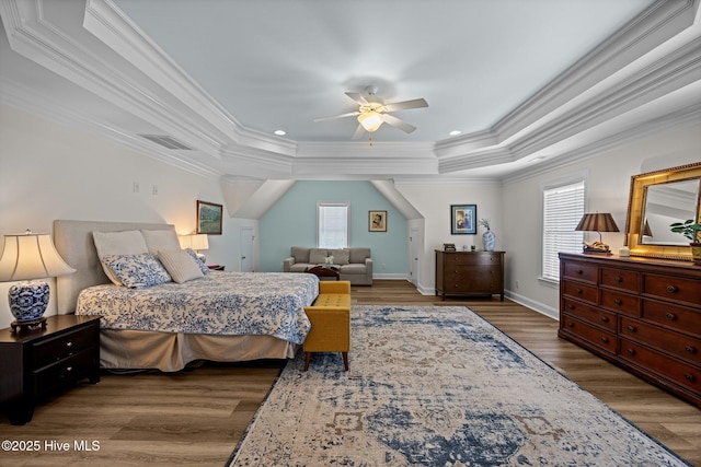 4441 Lagan Cir, Winterville, NC 28590 - bedroom with a tray ceiling, ornamental molding, wood finished floors, recessed lighting, and baseboards