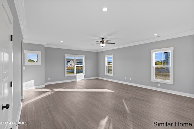 unfurnished living room featuring crown molding, hardwood / wood-style floors, and ceiling fan