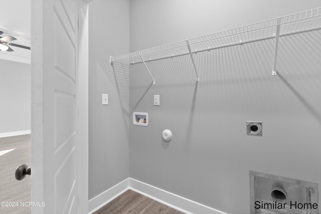 washroom featuring hardwood / wood-style flooring, ceiling fan, hookup for a gas dryer, electric dryer hookup, and hookup for a washing machine