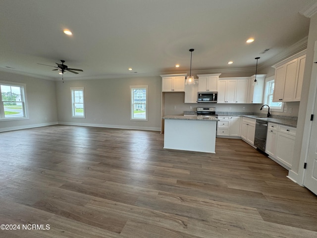 kitchen with white cabinetry, dark hardwood / wood-style flooring, ceiling fan, appliances with stainless steel finishes, and sink