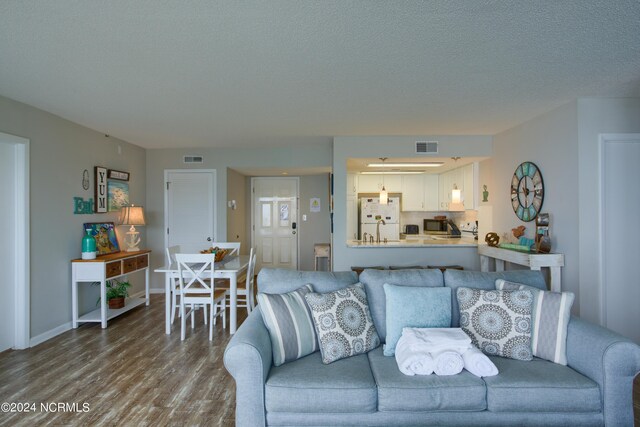 2000 New River Inlet Rd Unit 3309, North Topsail Beach, NC 28460 - living room with a textured ceiling, wood-type flooring, and sink