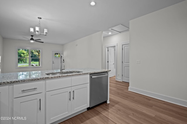 kitchen featuring sink, light hardwood / wood-style flooring, white cabinetry, and dishwasher