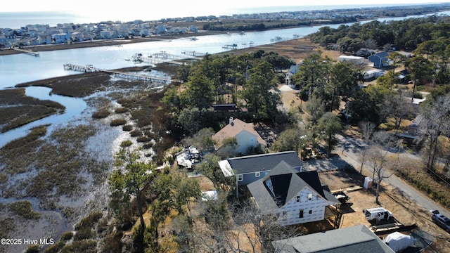 drone / aerial view with a water view