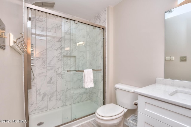 bathroom featuring toilet, vanity with extensive cabinet space, and a shower with shower door